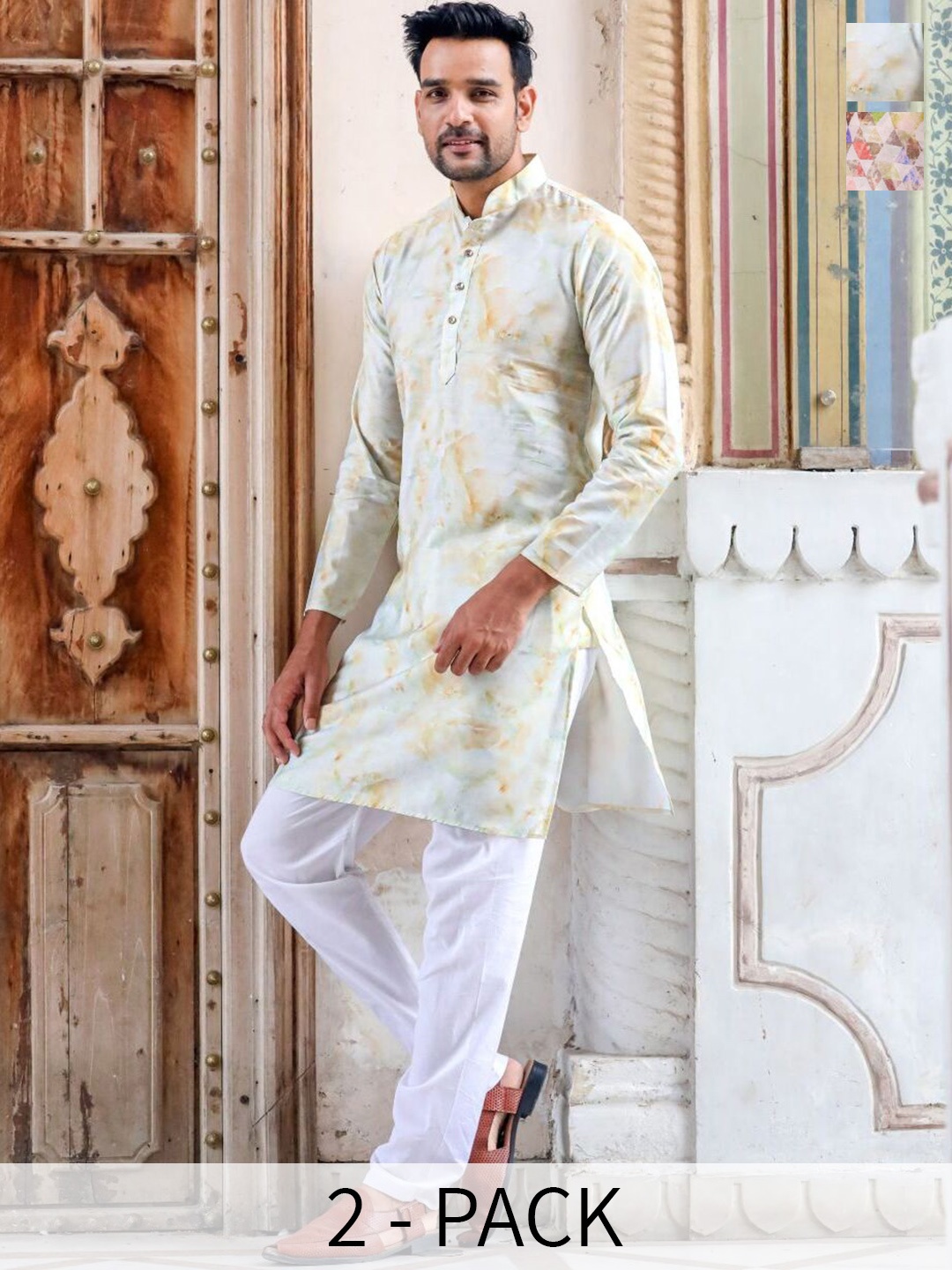 Aanys Culture Selection Of 2 Abstract Printed Mandarin Collar Dobby Weave Straight Kurtas, Gold
Aanys Culture Selection Of 2 Abstract Printed Mandarin Collar Dobby Weave Straight Kurtas, Gold