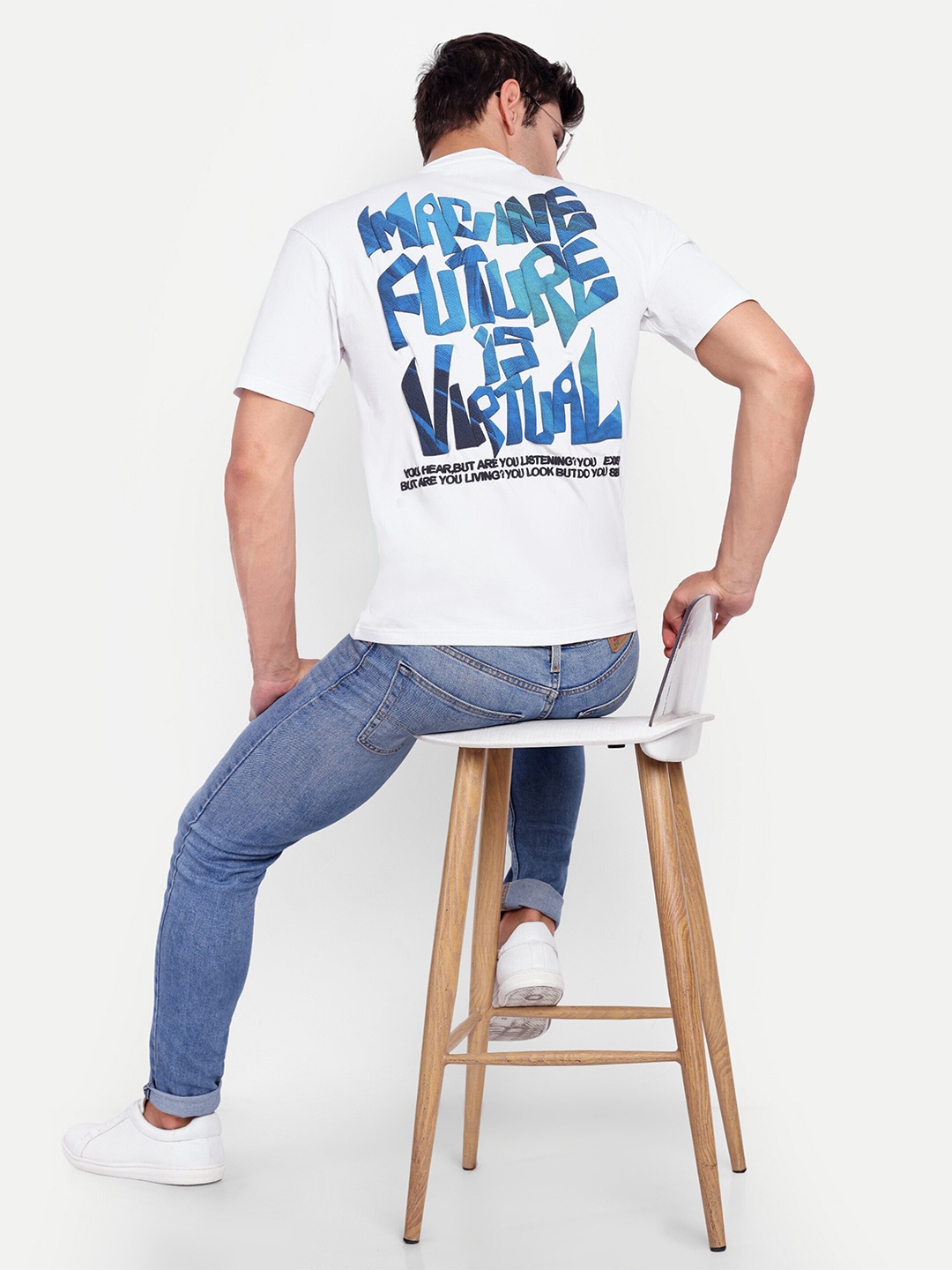 REPRISE Typography Printed Round Neck Oversized T-shirt, White
