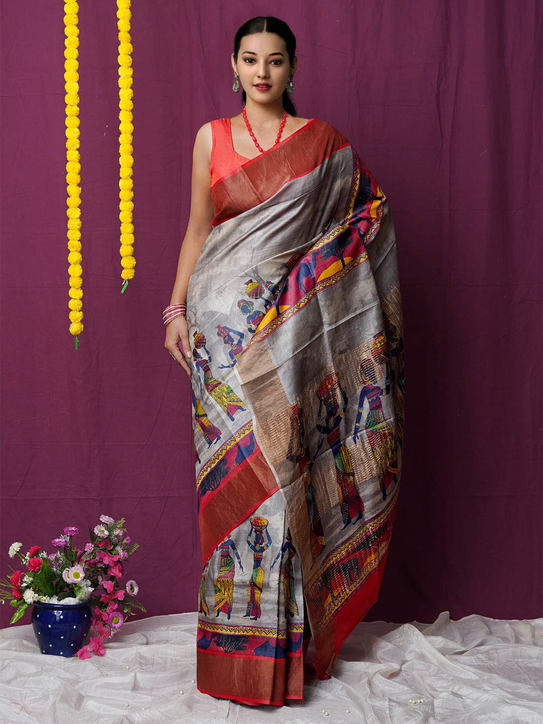 Unnati Silks Ethnic Motifs Printed Zari Pure Silk Handloom Tussar Saree, Grey 
Unnati Silks Ethnic Motifs Printed Zari Pure Silk Handloom Tussar Saree, Grey