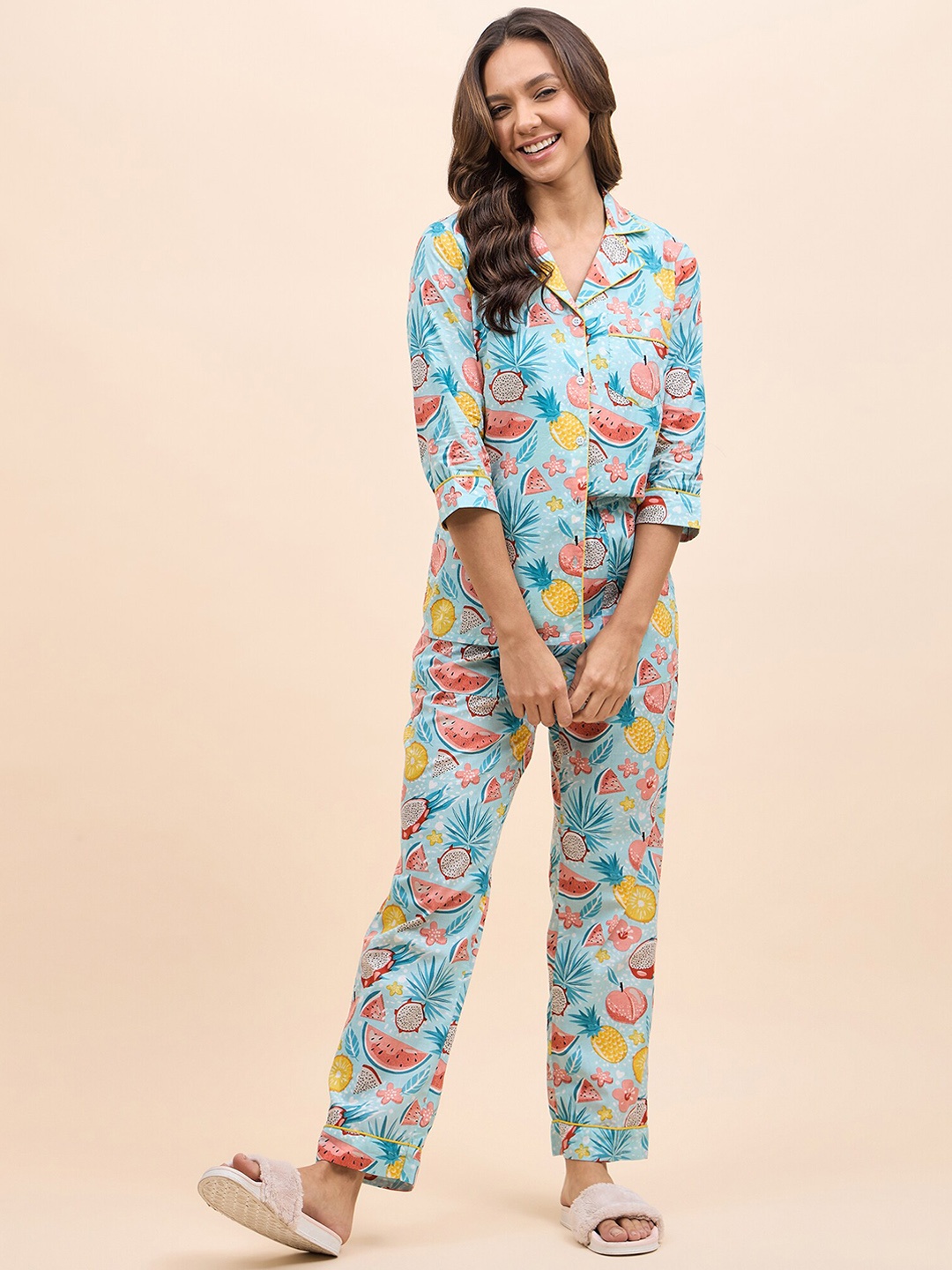 MABISH by Sonal Jain Conversational Printed Lapel Collar Pure Cotton Night suit, Blue
MABISH by Sonal Jain Conversational Printed Lapel Collar Pure Cotton Night suit, Blue