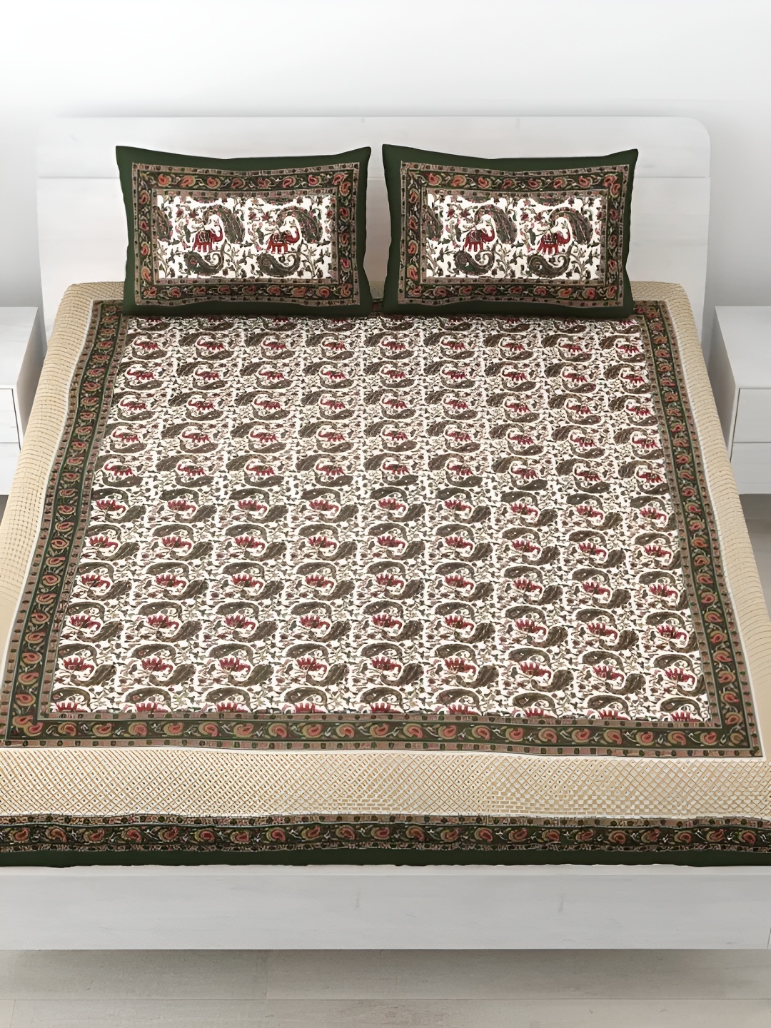 LIVING ROOTS Double Queen Size Jaipur Block Print Cotton Double Bedsheet & 2 Pillow Covers, Green
LIVING ROOTS Double Queen Size Jaipur Block Print Cotton Double Bedsheet & 2 Pillow Covers, Green