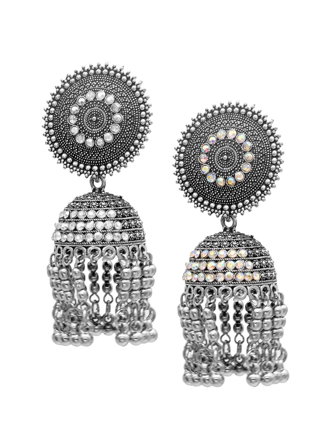 Shining Jewel - By Shivansh Gold Plated Cubic Zirconia Dome Shaped Oxidised Jhumkas, Silver
Shining Jewel - By Shivansh Gold Plated Cubic Zirconia Dome Shaped Oxidised Jhumkas, Silver