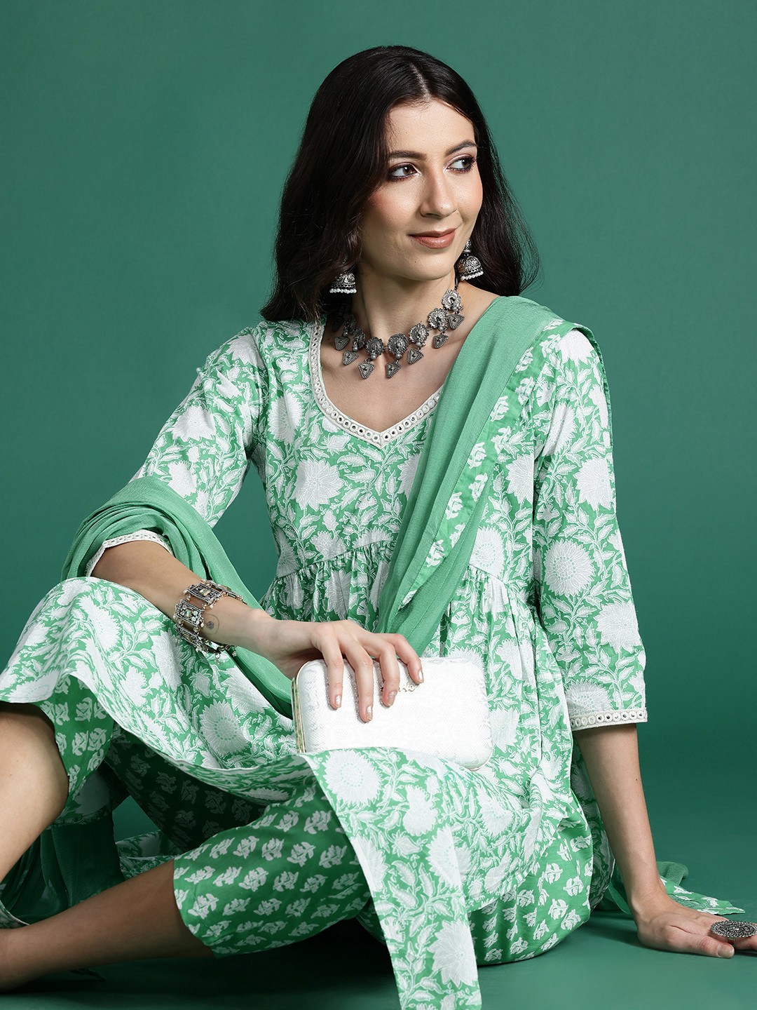 Indo Era Floral Printed Empire Mirror Work Pure Cotton Kurta with Trousers & Dupatta, Green
Indo Era Floral Printed Empire Mirror Work Pure Cotton Kurta with Trousers & Dupatta, Green
