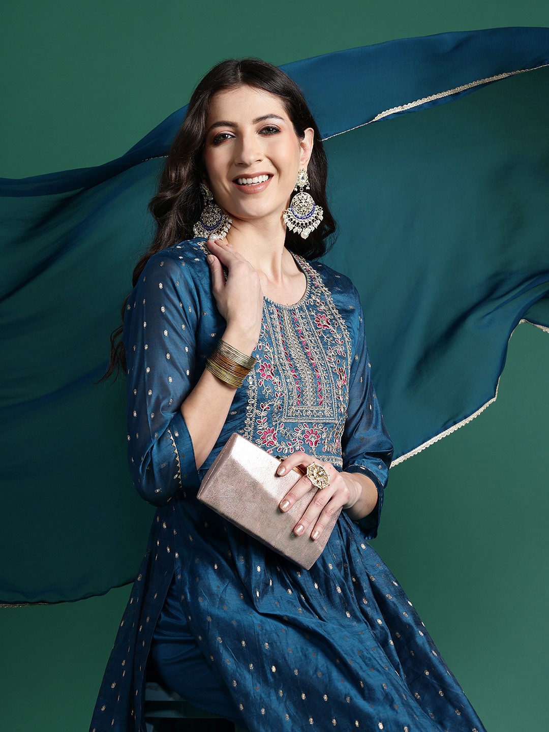Indo Era Women Floral Embroidered Empire Thread Work Chanderi Silk Kurta with Trousers & With Dupatta, Blue
Indo Era Women Floral Embroidered Empire Thread Work Chanderi Silk Kurta with Trousers & With Dupatta, Blue