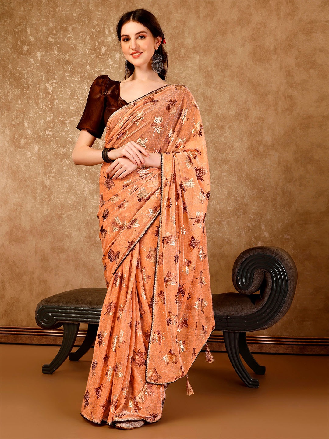 Mitera Floral Printed Embellished Saree, Peach