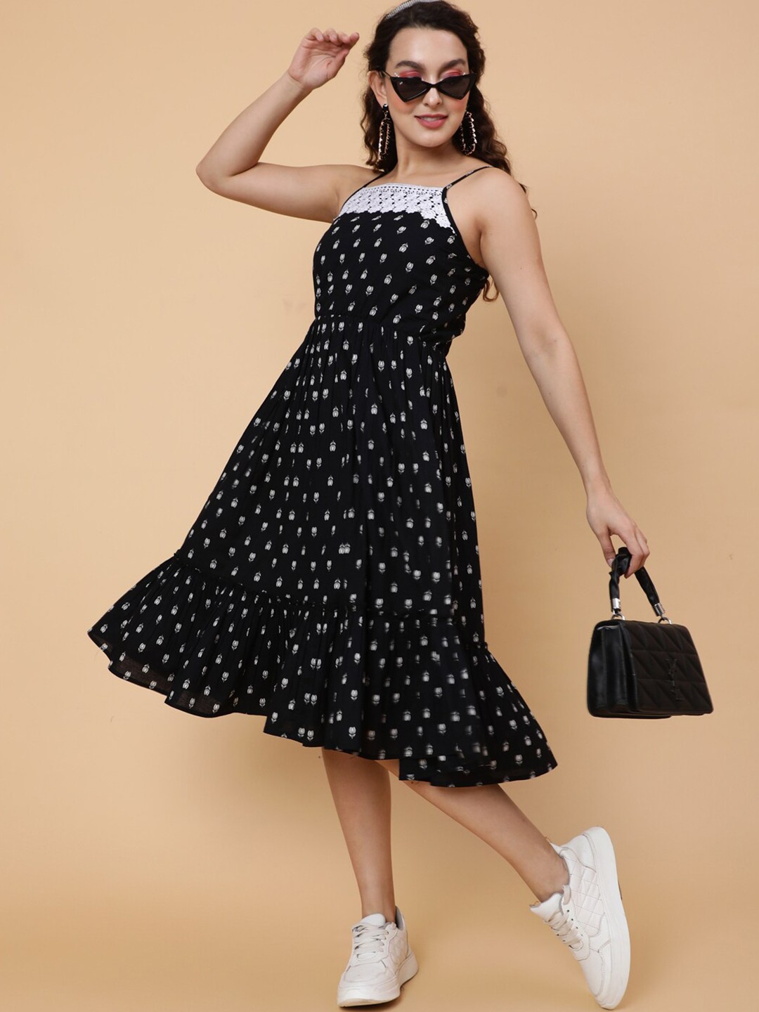 GULMOHAR JAIPUR Floral Print Shoulder Strap Jaipur Cotton Fit & Flare Midi Dress, Black
GULMOHAR JAIPUR Floral Print Shoulder Strap Jaipur Cotton Fit & Flare Midi Dress, Black