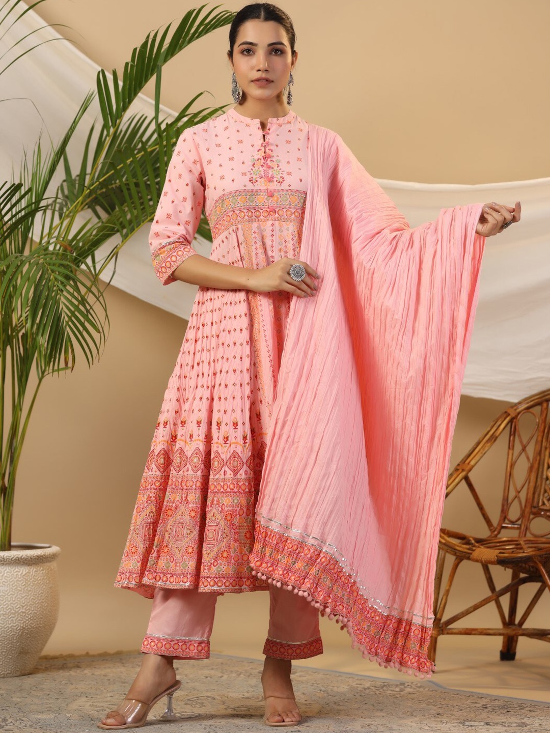 Juniper Ethnic Motifs Printed Sequinned Pure Cotton Anarkali Kurta with Trousers & Dupatta, Peach
Juniper Ethnic Motifs Printed Sequinned Pure Cotton Anarkali Kurta with Trousers & Dupatta, Peach