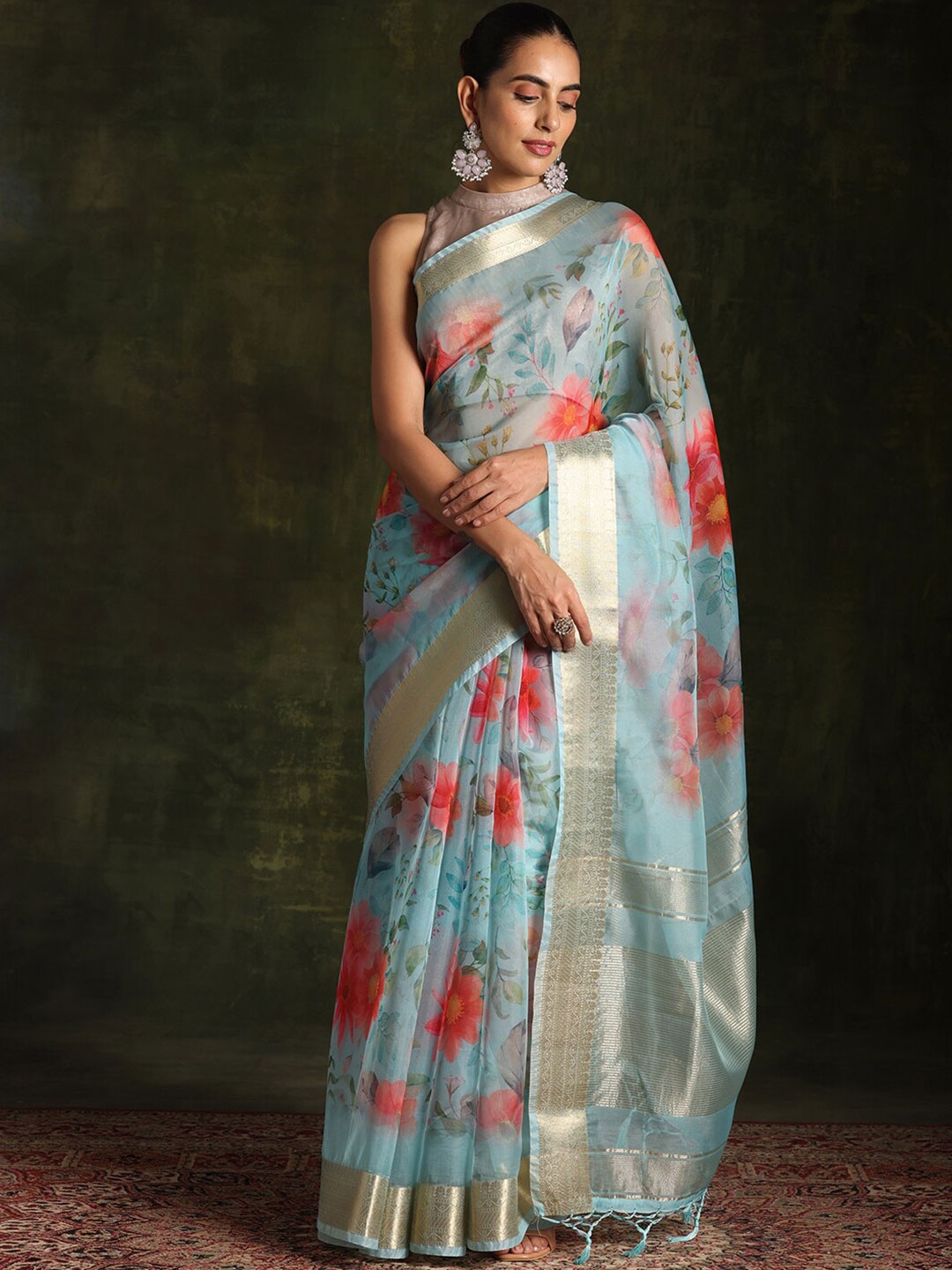 Libas Floral Printed Zari Border Saree, Turquoise blue