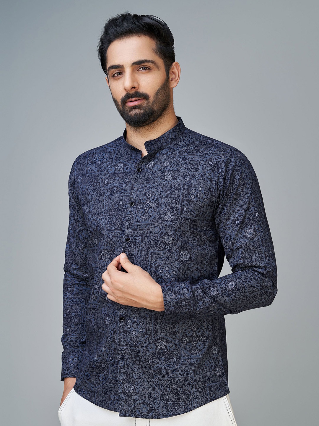 Reeta Fashion Comfort Ethnic Motifs Printed Band Collar Cotton Casual Shirt, Navy blue
Reeta Fashion Comfort Ethnic Motifs Printed Band Collar Cotton Casual Shirt, Navy blue