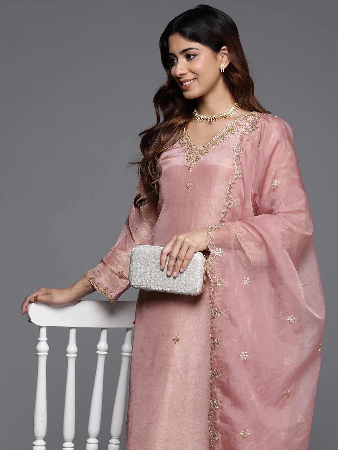 Varanga Ethnic Motifs Embroidered Beads & Stones Pure Silk Kurta with Trousers & Dupatta, Peach
Varanga Ethnic Motifs Embroidered Beads & Stones Pure Silk Kurta with Trousers & Dupatta, Peach
