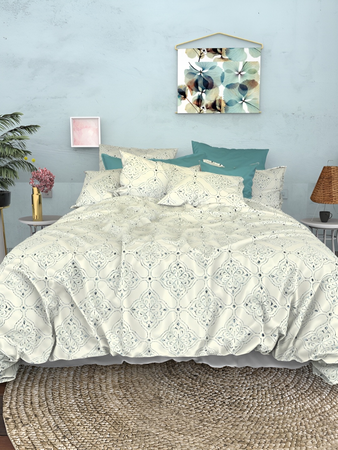 THE WHITE MOSS Off White Ethnic Motifs Cotton 600 TC King Bedsheet with 2 Pillow Covers, Turquoise blue
THE WHITE MOSS Off White Ethnic Motifs Cotton 600 TC King Bedsheet with 2 Pillow Covers, Turquoise blue