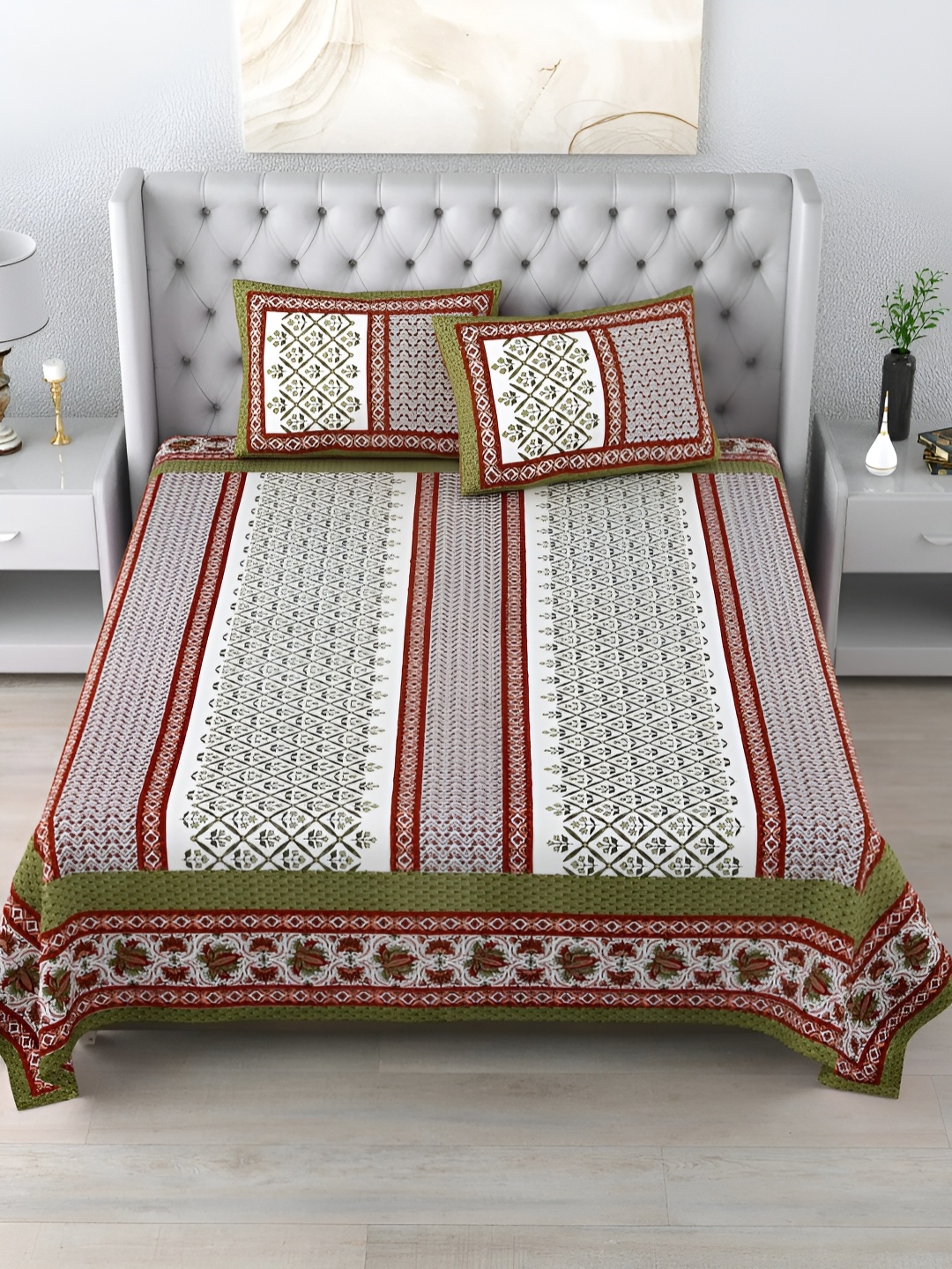 LIVING ROOTS Double King Size Jaipur Block Print Cotton Double Bedsheet & 2 Pillow Covers, Green
LIVING ROOTS Double King Size Jaipur Block Print Cotton Double Bedsheet & 2 Pillow Covers, Green