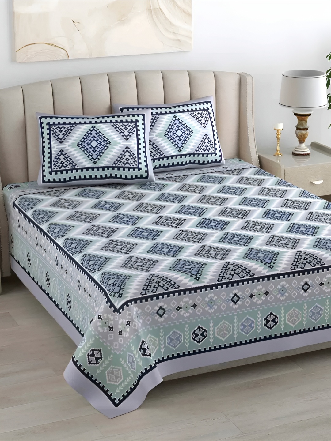 LIVING ROOTS Lavender & White Geometric 300 TC Cotton King Bedsheet with 2 Pillow Covers
LIVING ROOTS Lavender & White Geometric 300 TC Cotton King Bedsheet with 2 Pillow Covers