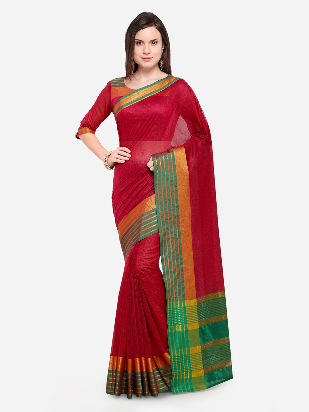KALINI Striped Zari Cotton Saree, Red