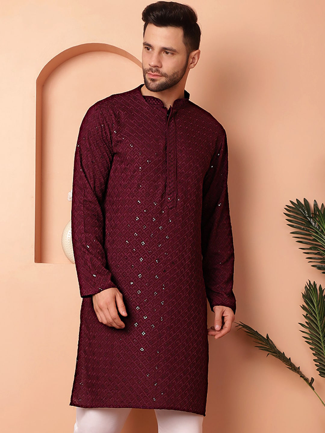 Jompers Geometric Embroidered Straight Empire Mirror Work A-Line Kurta With Pyjama, Purple 
Jompers Geometric Embroidered Straight Empire Mirror Work A-Line Kurta With Pyjama, Purple
