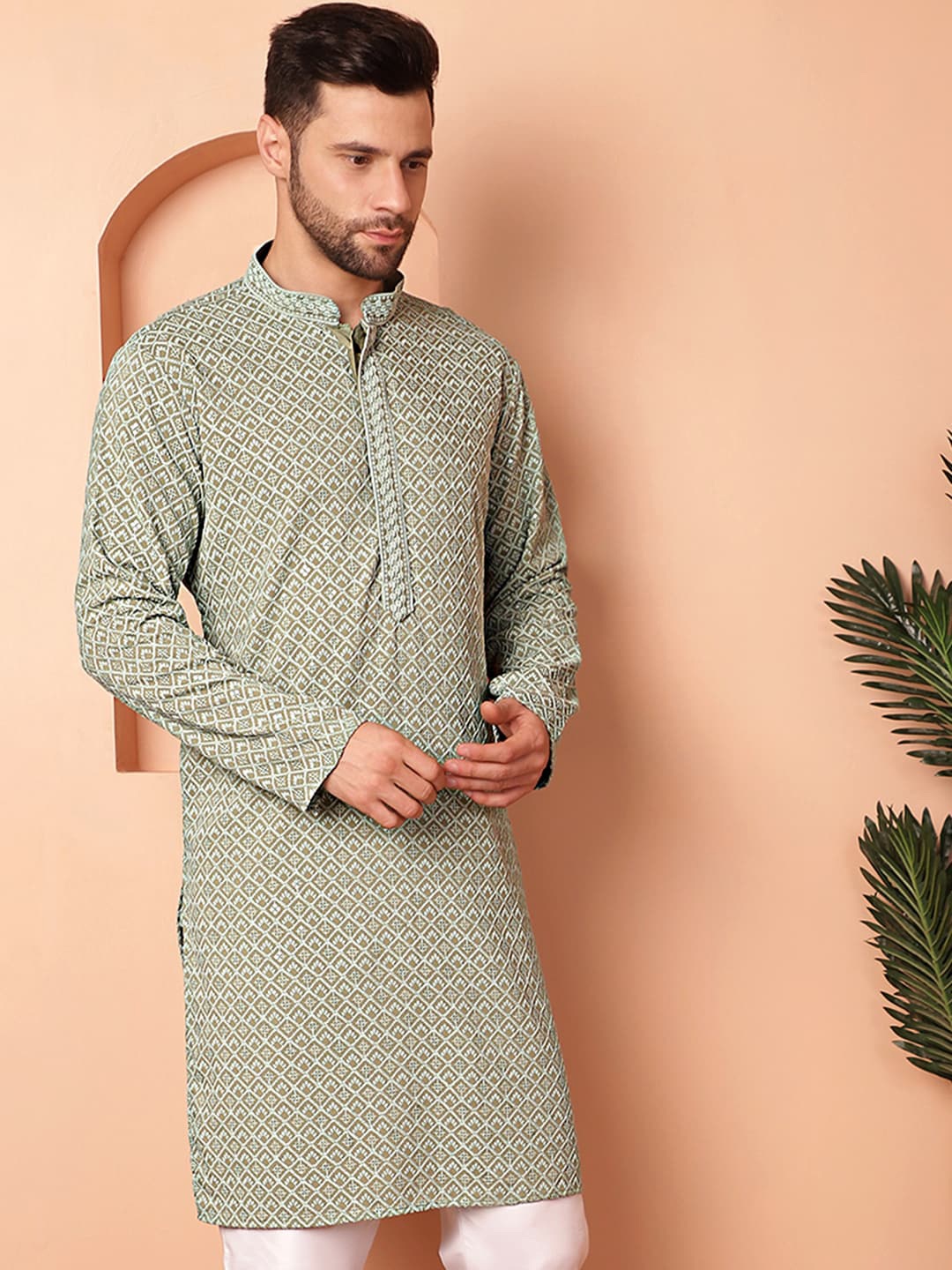 Jompers Geometric Embroidered Mandarin Collar Long Sleeves Thread Work Straight Kurta Set, Green
Jompers Geometric Embroidered Mandarin Collar Long Sleeves Thread Work Straight Kurta Set, Green