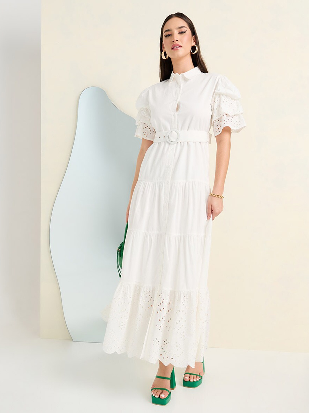 Styli Self Design Schiffle Pure Cotton Tiered Maxi Dress with Belt, White
Styli Self Design Schiffle Pure Cotton Tiered Maxi Dress with Belt, White