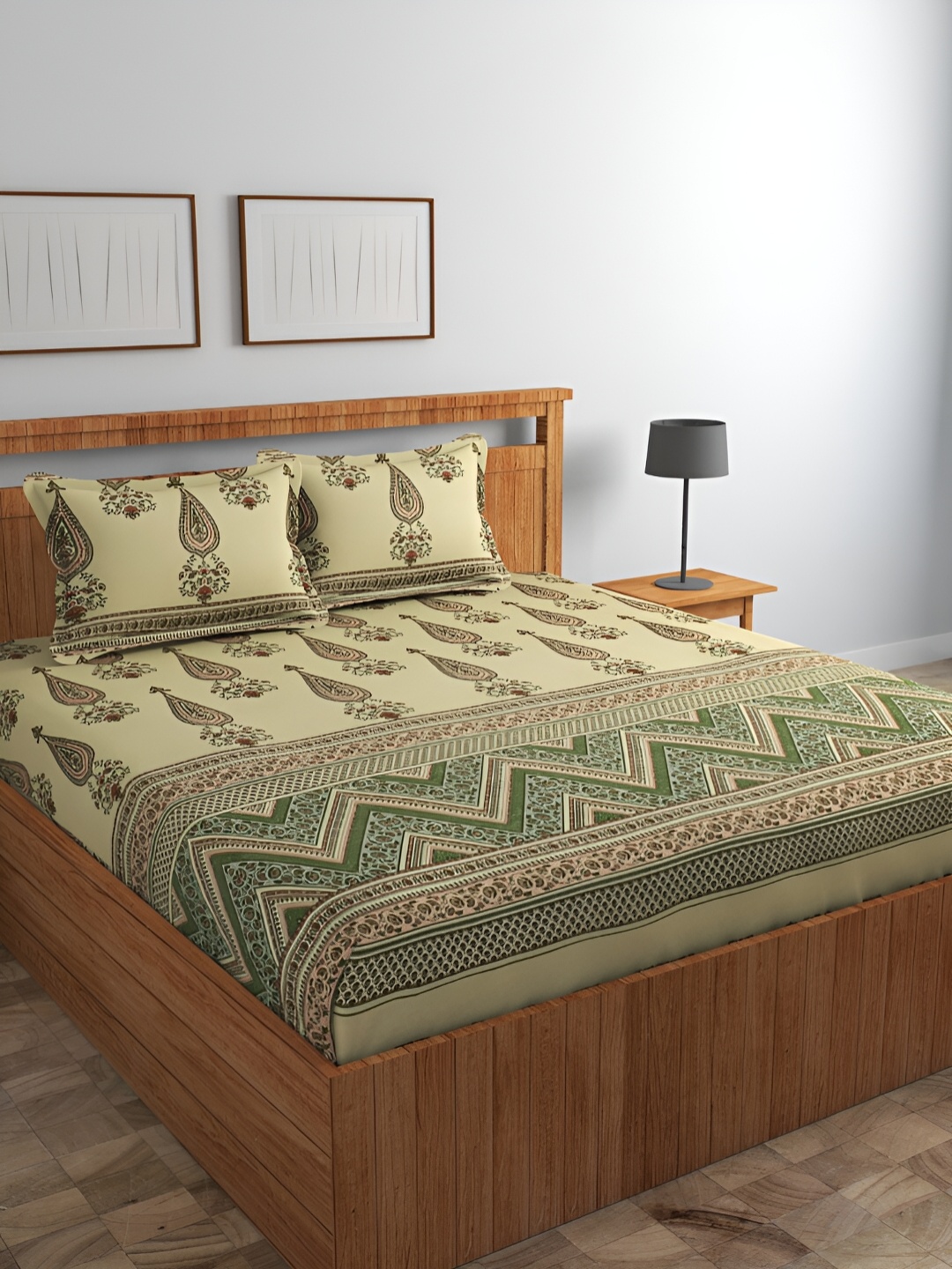Srijee Decors Beige & Green 210 TC Cotton Fitted King Bedsheet with 2 Pillow Covers
Srijee Decors Beige & Green 210 TC Cotton Fitted King Bedsheet with 2 Pillow Covers