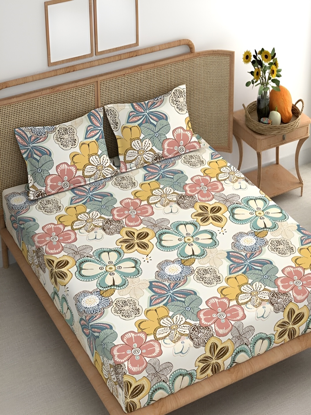 Srijee Decors Beige & White Floral 210 TC Cotton King Fitted Bedsheet 2 Pillow Covers
Srijee Decors Beige & White Floral 210 TC Cotton King Fitted Bedsheet 2 Pillow Covers