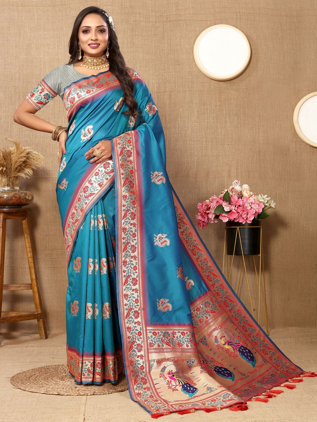 Divyadham Textiles Ethnic Motif Woven Design Pure Silk Paithani Zari Saree, Turquoise blue
Divyadham Textiles Ethnic Motif Woven Design Pure Silk Paithani Zari Saree, Turquoise blue