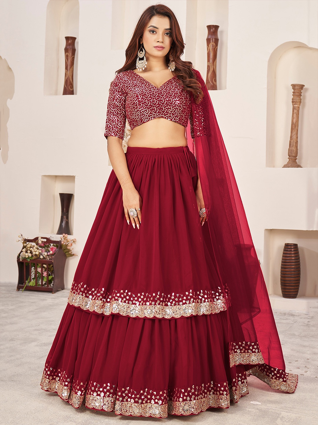 FABPIXEL Embroidered Sequinned Semi-Stitched Lehenga & Unstitched Blouse With Dupatta, Maroon
FABPIXEL Embroidered Sequinned Semi-Stitched Lehenga & Unstitched Blouse With Dupatta, Maroon