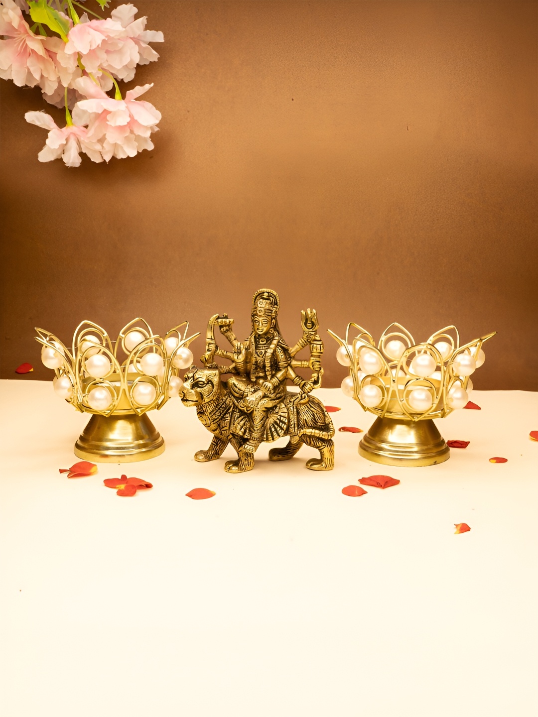 Ekhasa Gold Toned 3 Pcs Pure Brass Durga Maa Idol & Tealight Candle Holder Home Gift Set
Ekhasa Gold Toned 3 Pcs Pure Brass Durga Maa Idol & Tealight Candle Holder Home Gift Set
