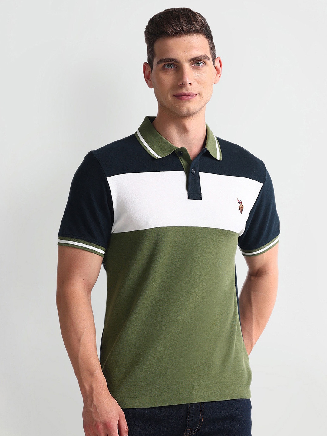 U.S. Polo Assn. Denim Co. Polo Collar Short Sleeves Colourblocked Cotton Slim Fit T-shirt, Green
U.S. Polo Assn. Denim Co. Polo Collar Short Sleeves Colourblocked Cotton Slim Fit T-shirt, Green