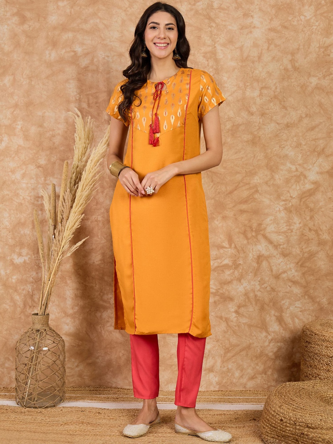 KALINI Tie Up Neck Short Sleeves Floral Yoke Design Straight Kurta with Trouser, Mustard
KALINI Tie Up Neck Short Sleeves Floral Yoke Design Straight Kurta with Trouser, Mustard