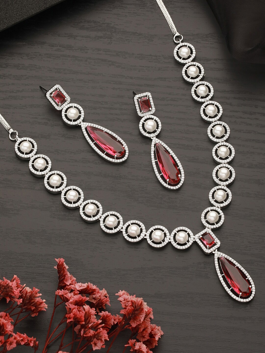 Saraf RS Jewellery Silver Rhodium Red Zircon Pearl Beaded Designer Necklace Jewellery Set
Saraf RS Jewellery Silver Rhodium Red Zircon Pearl Beaded Designer Necklace Jewellery Set