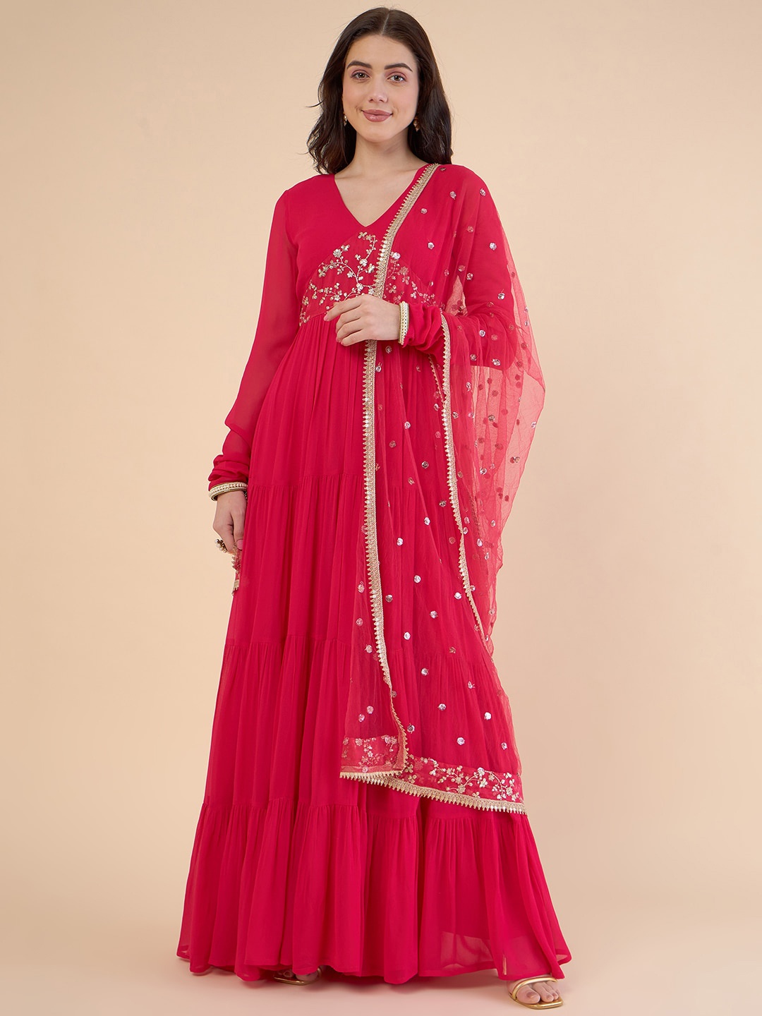 ADORNIA Floral Embroidered Gathered Tiered Georgette Maxi Ethnic Dress With Dupatta, Magenta
ADORNIA Floral Embroidered Gathered Tiered Georgette Maxi Ethnic Dress With Dupatta, Magenta