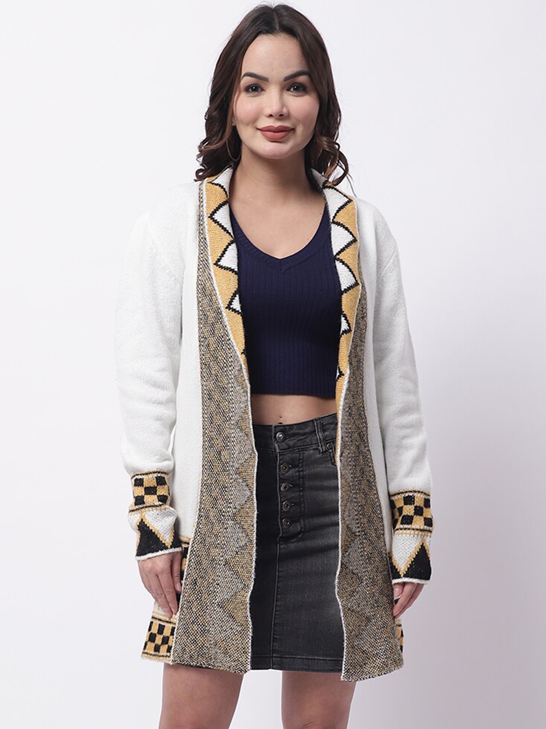 NoBarr Geometric Self Design Open Front Acrylic Shrug, White