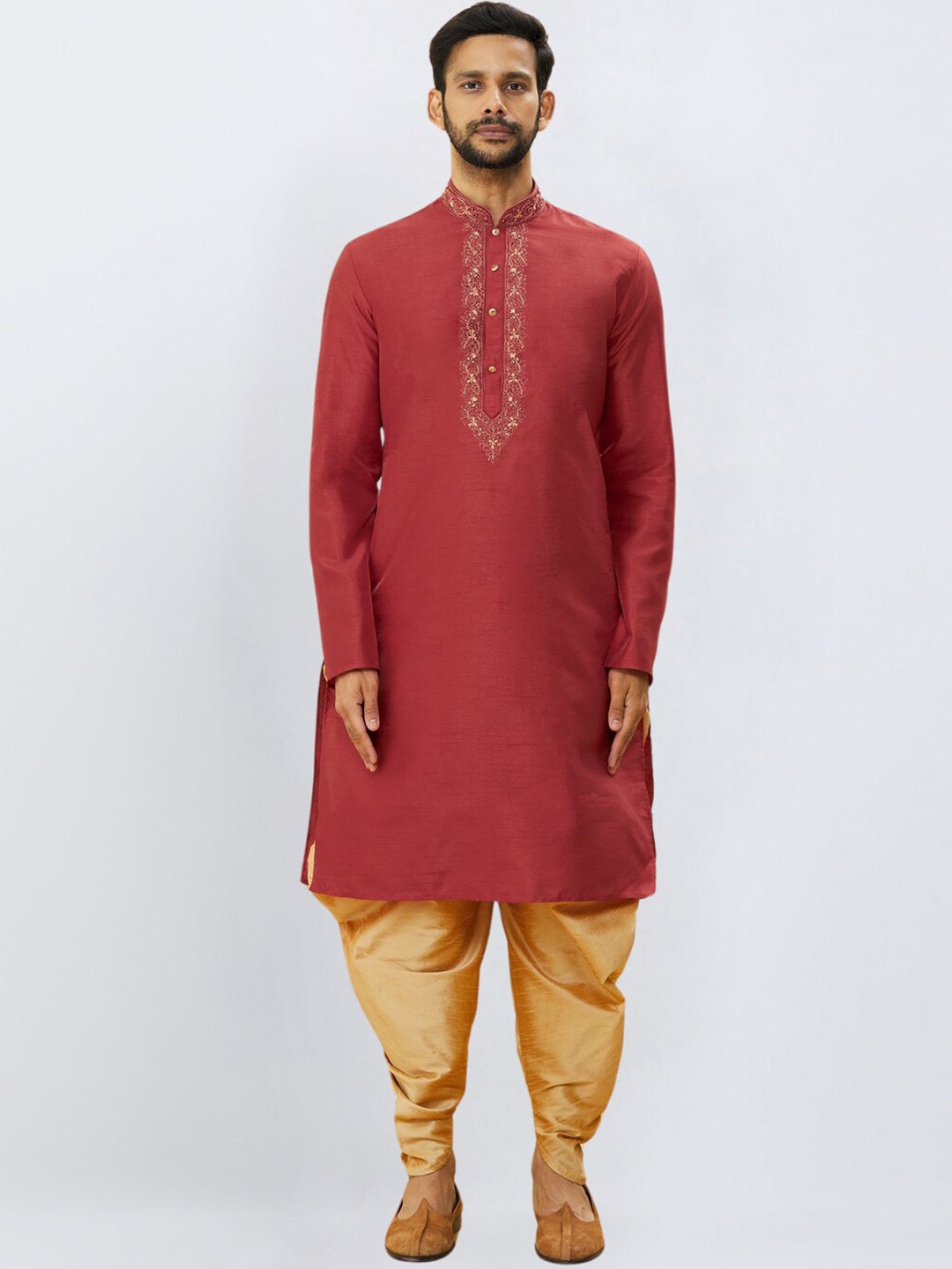 Indian Poshakh Ethnic Motifs Embroidered Mandarin Collar Thread Work Kurta With Dhoti, Red
Indian Poshakh Ethnic Motifs Embroidered Mandarin Collar Thread Work Kurta With Dhoti, Red