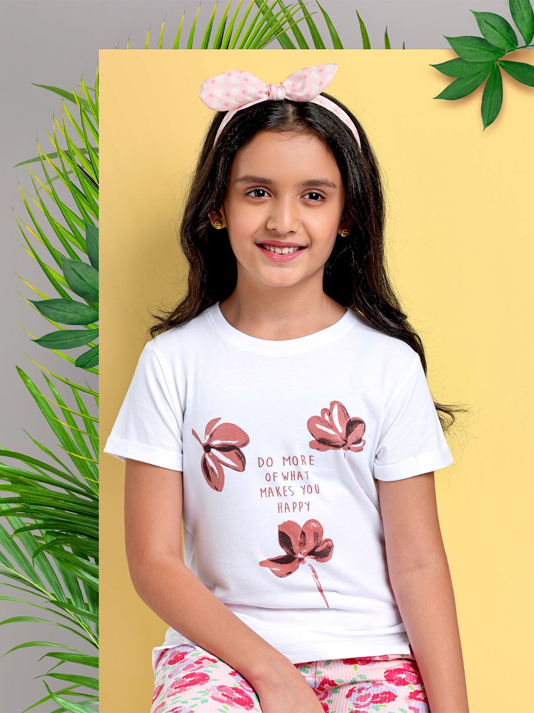 ARIAS By LARA DUTTA Girls Floral Printed Cotton T-shirt, White