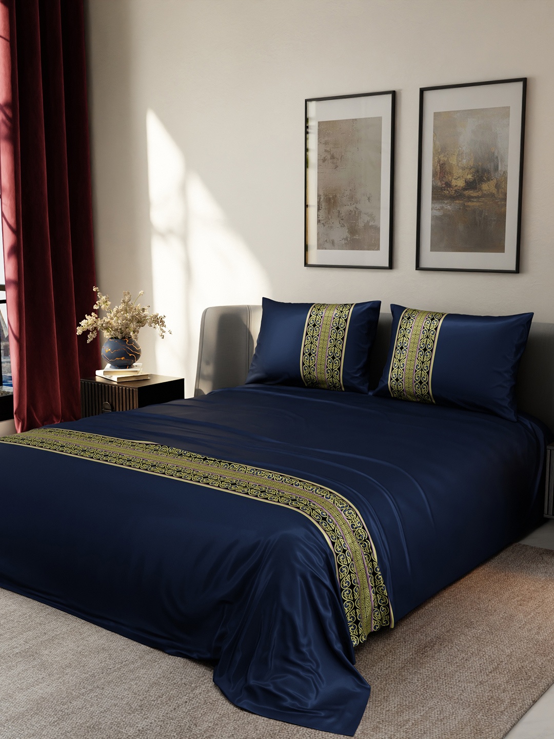 Stoa Paris Navy Blue Yellow Ethnic Motifs 300 TC Queen Satin Bedsheet with 2 Pillow Covers
Stoa Paris Navy Blue Yellow Ethnic Motifs 300 TC Queen Satin Bedsheet with 2 Pillow Covers
