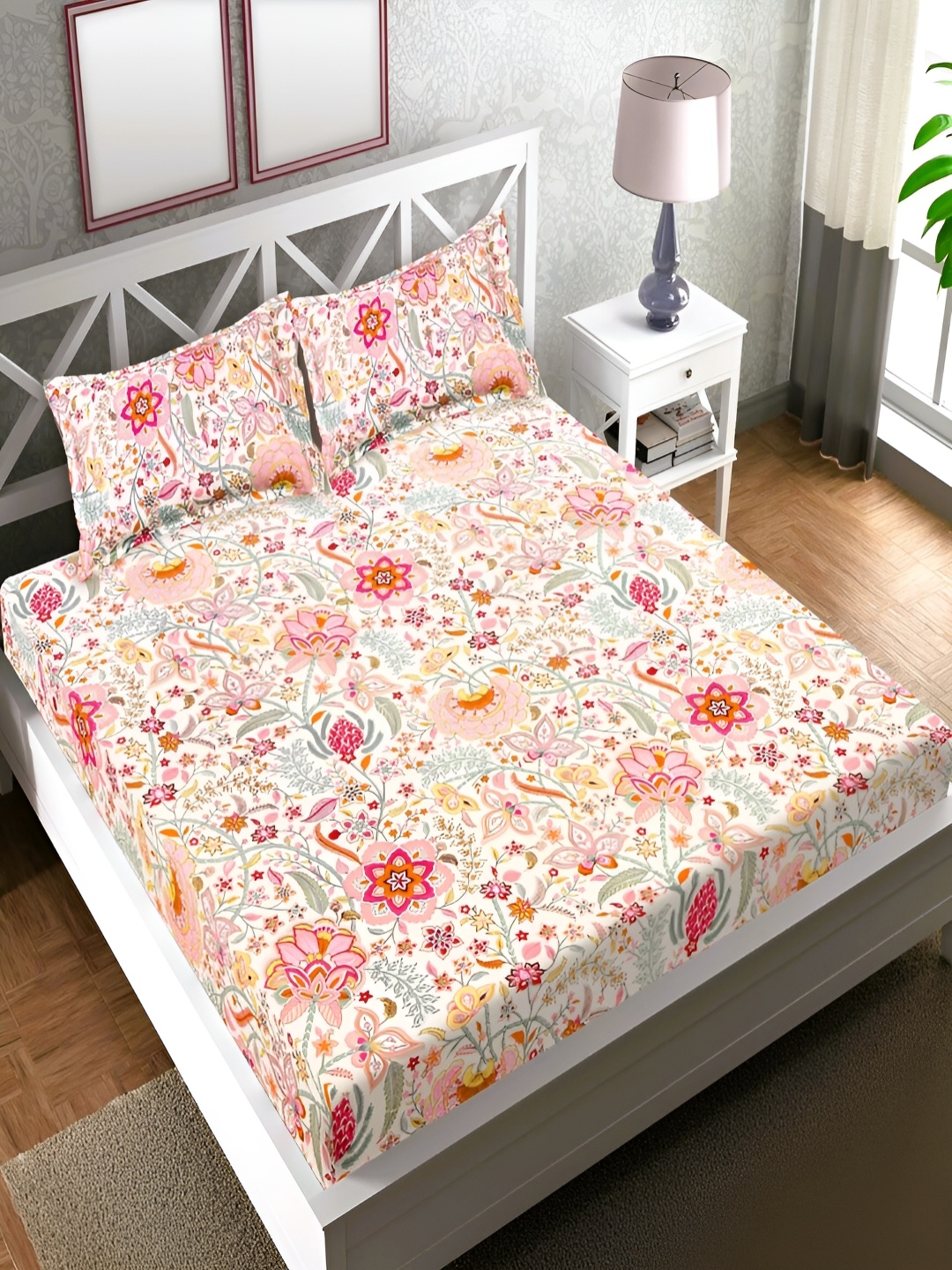 Srijee Decors Pink Saga White Floral 210 TC King Fitted Bedsheet With 2 Pillow Covers
Srijee Decors Pink Saga White Floral 210 TC King Fitted Bedsheet With 2 Pillow Covers