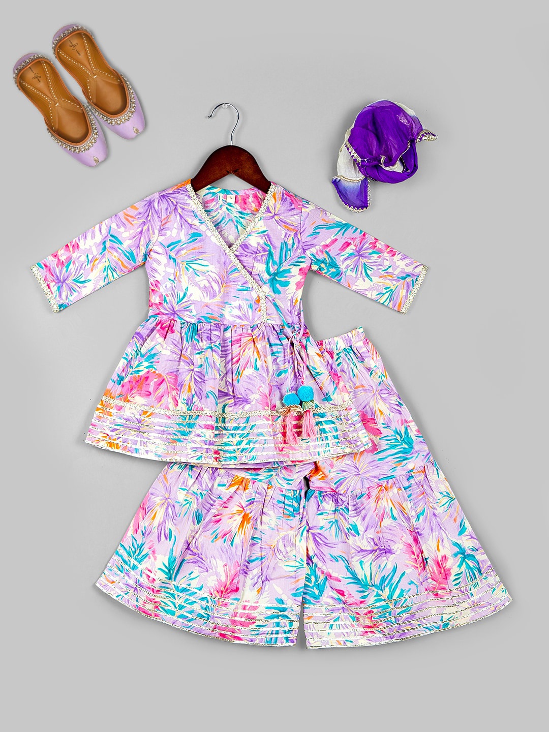 Naughty Ninos Girls Floral Printed Gotta Patti Pure Cotton Kurta With Sharara & Dupatta, Purple
Naughty Ninos Girls Floral Printed Gotta Patti Pure Cotton Kurta With Sharara & Dupatta, Purple