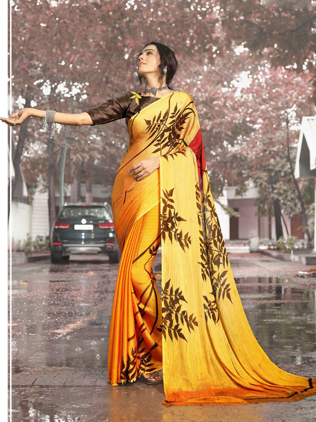 KALINI Floral Printed Saree, Yellow