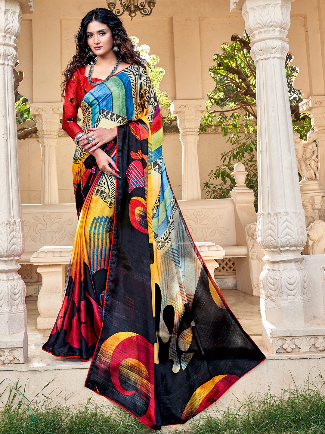 HRITIKA Abstract Printed Satin Saree, Black