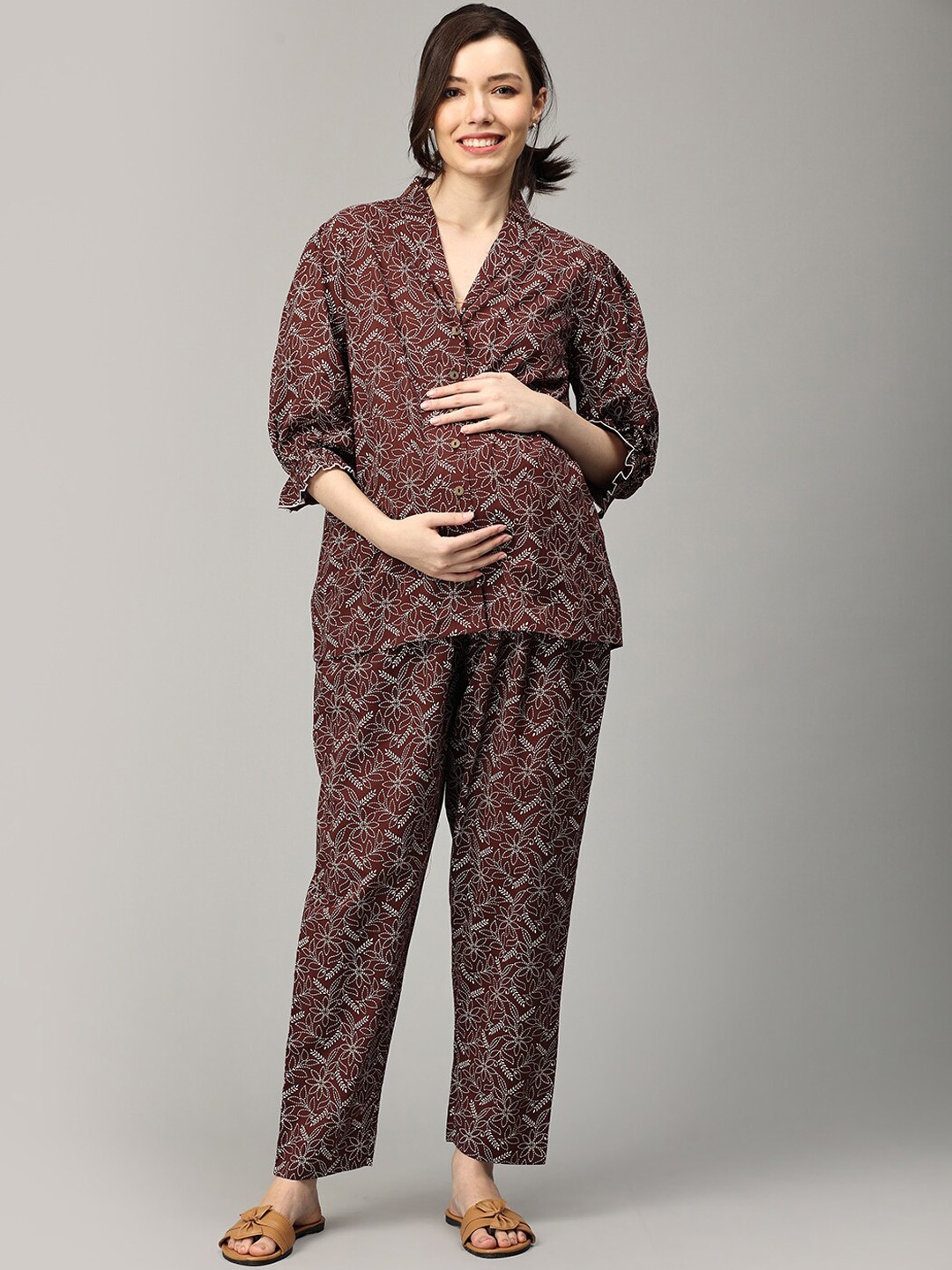 The Mom Store Floral Printed Shawl Collar Puffed Sleeves Pure Cotton Maternity Night suit, Brown
The Mom Store Floral Printed Shawl Collar Puffed Sleeves Pure Cotton Maternity Night suit, Brown