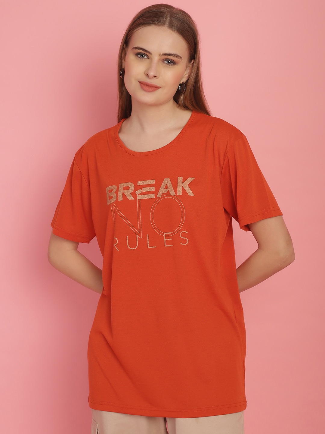 MACK JONNEY Women Typography Printed Drop-Shoulder Sleeves Cotton Oversized T-shirt, Orange
MACK JONNEY Women Typography Printed Drop-Shoulder Sleeves Cotton Oversized T-shirt, Orange