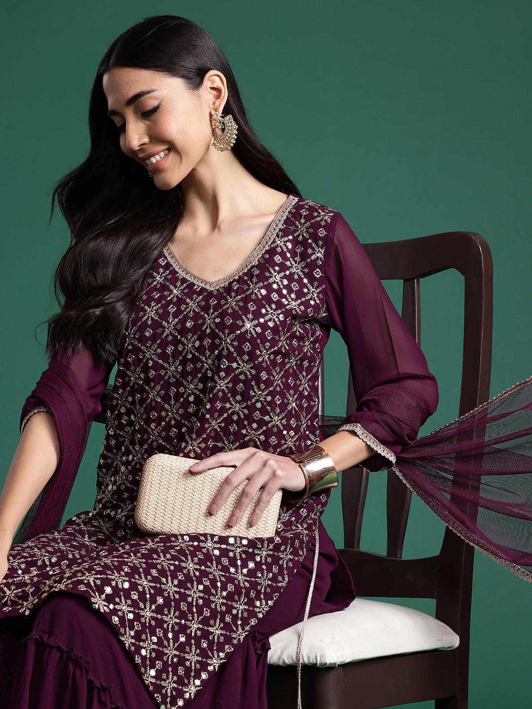 Indo Era Women Embroidered Regular Sequinned Kurta with Sharara & With Dupatta, Burgundy
Indo Era Women Embroidered Regular Sequinned Kurta with Sharara & With Dupatta, Burgundy