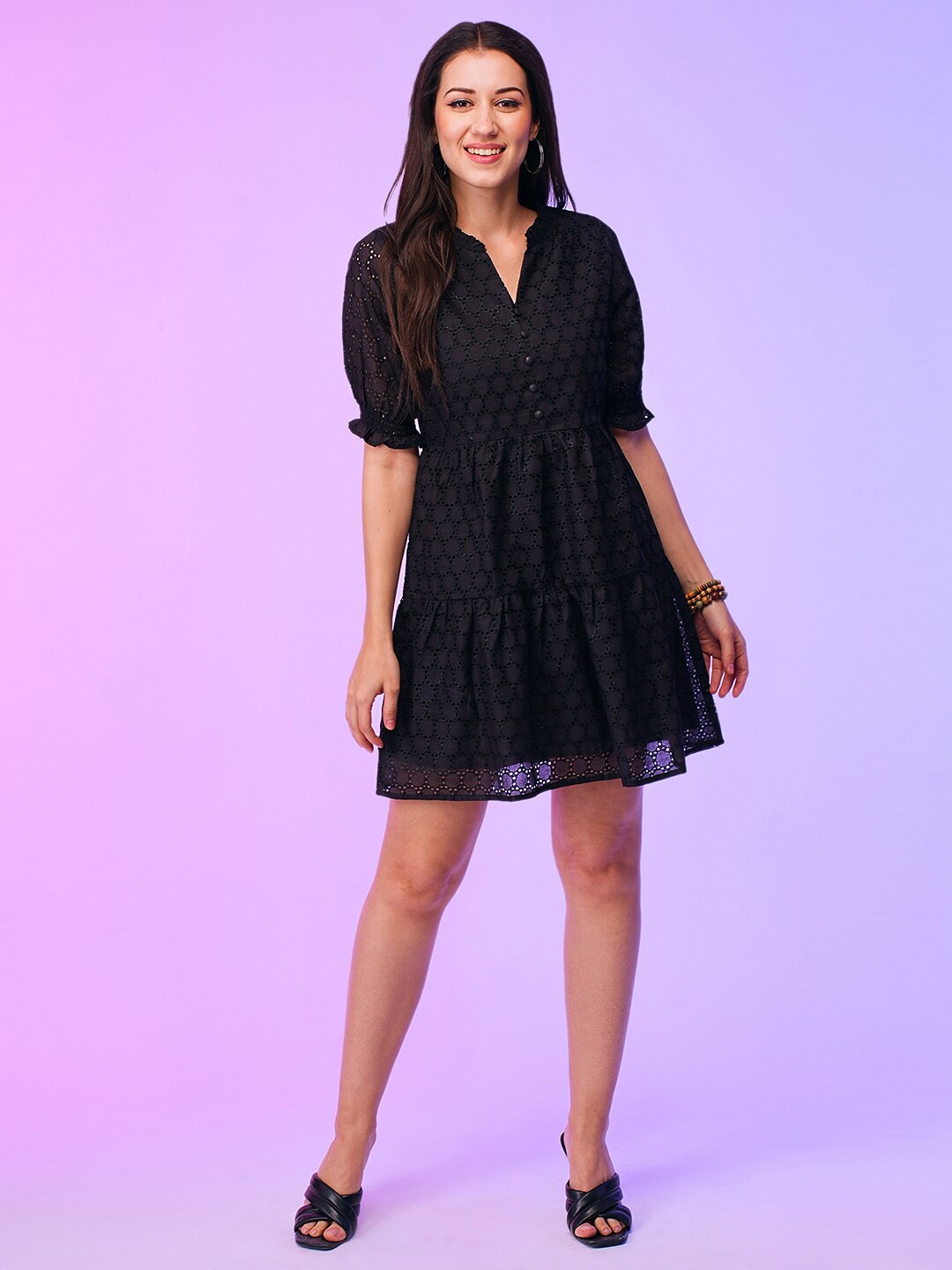 Globus Women Notched V-Neck Puff Sleeves Schiffli Design Tiered A-Line Summer Dress, Black
Globus Women Notched V-Neck Puff Sleeves Schiffli Design Tiered A-Line Summer Dress, Black