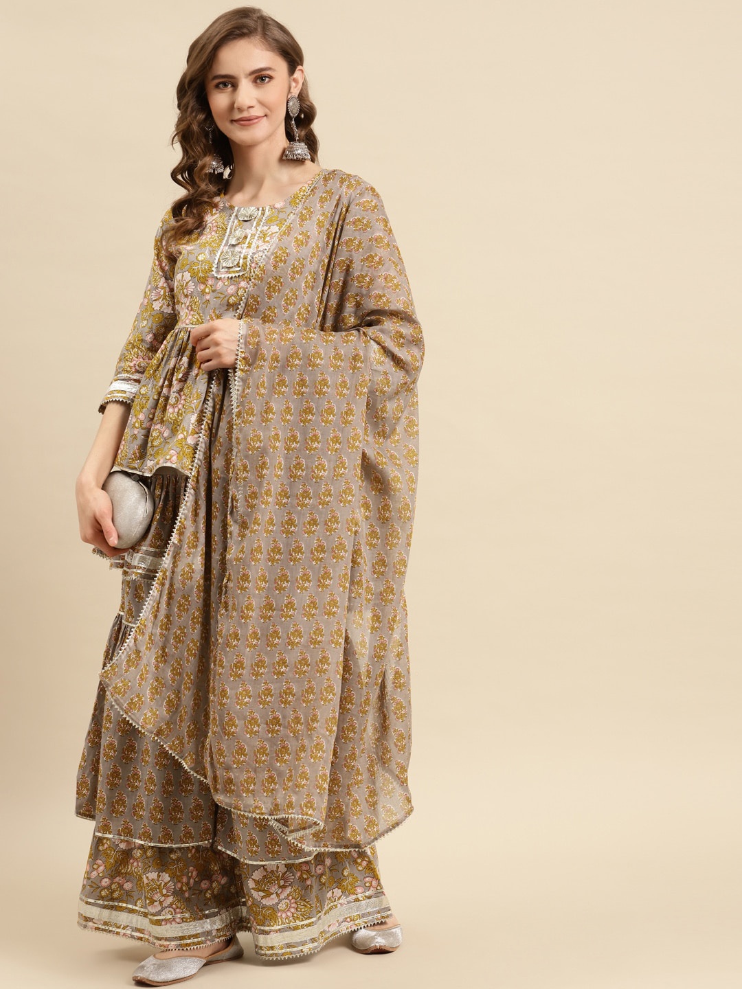 ASHRU Floral Printed Round Neck Pure Cotton Straight Kurta with Sharara & Dupatta, Brown
ASHRU Floral Printed Round Neck Pure Cotton Straight Kurta with Sharara & Dupatta, Brown