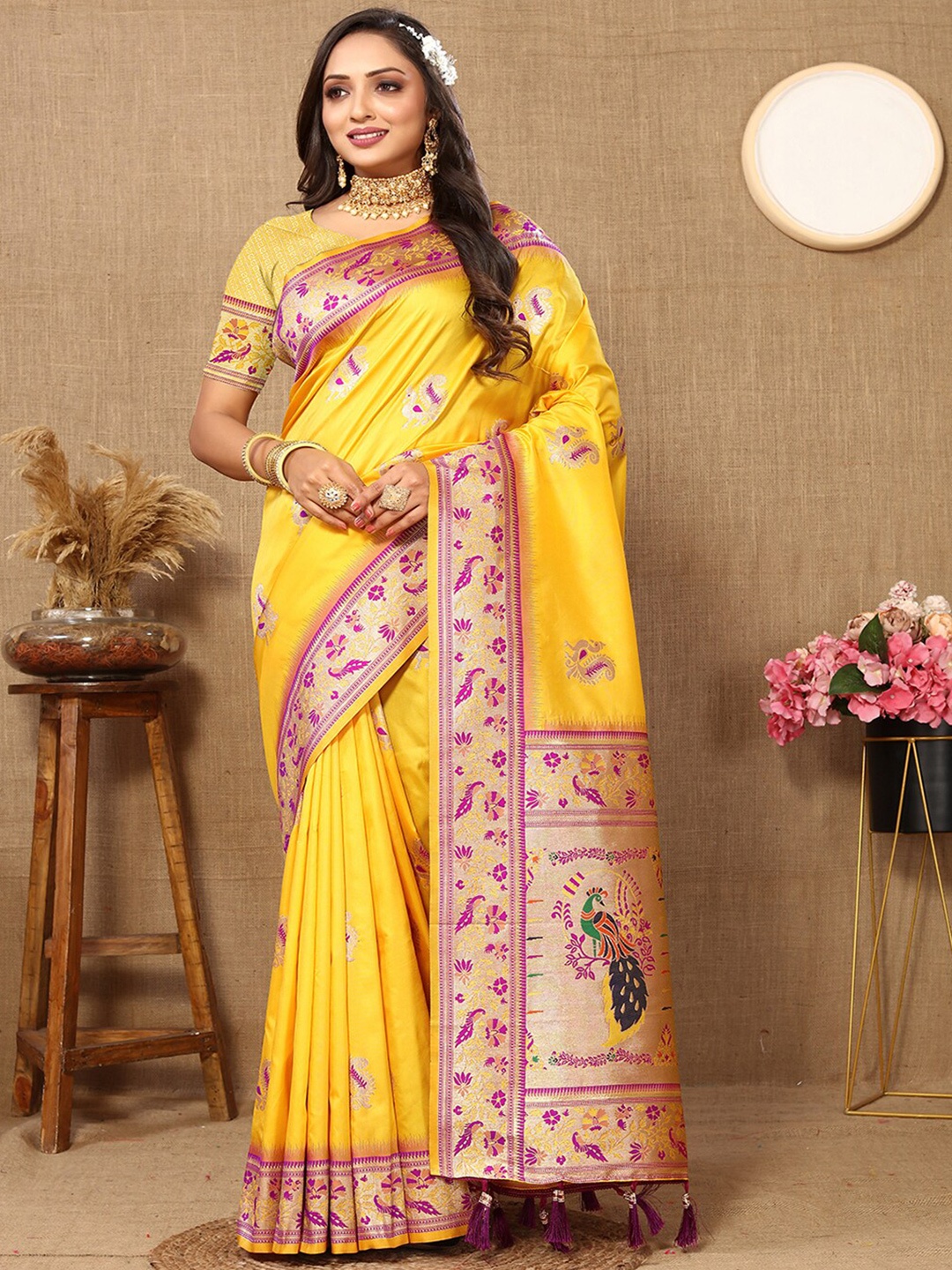 MARGI DESIGNERS Ethnic Motifs Woven Design Zari Pure Silk Paithani Saree, Yellow
MARGI DESIGNERS Ethnic Motifs Woven Design Zari Pure Silk Paithani Saree, Yellow