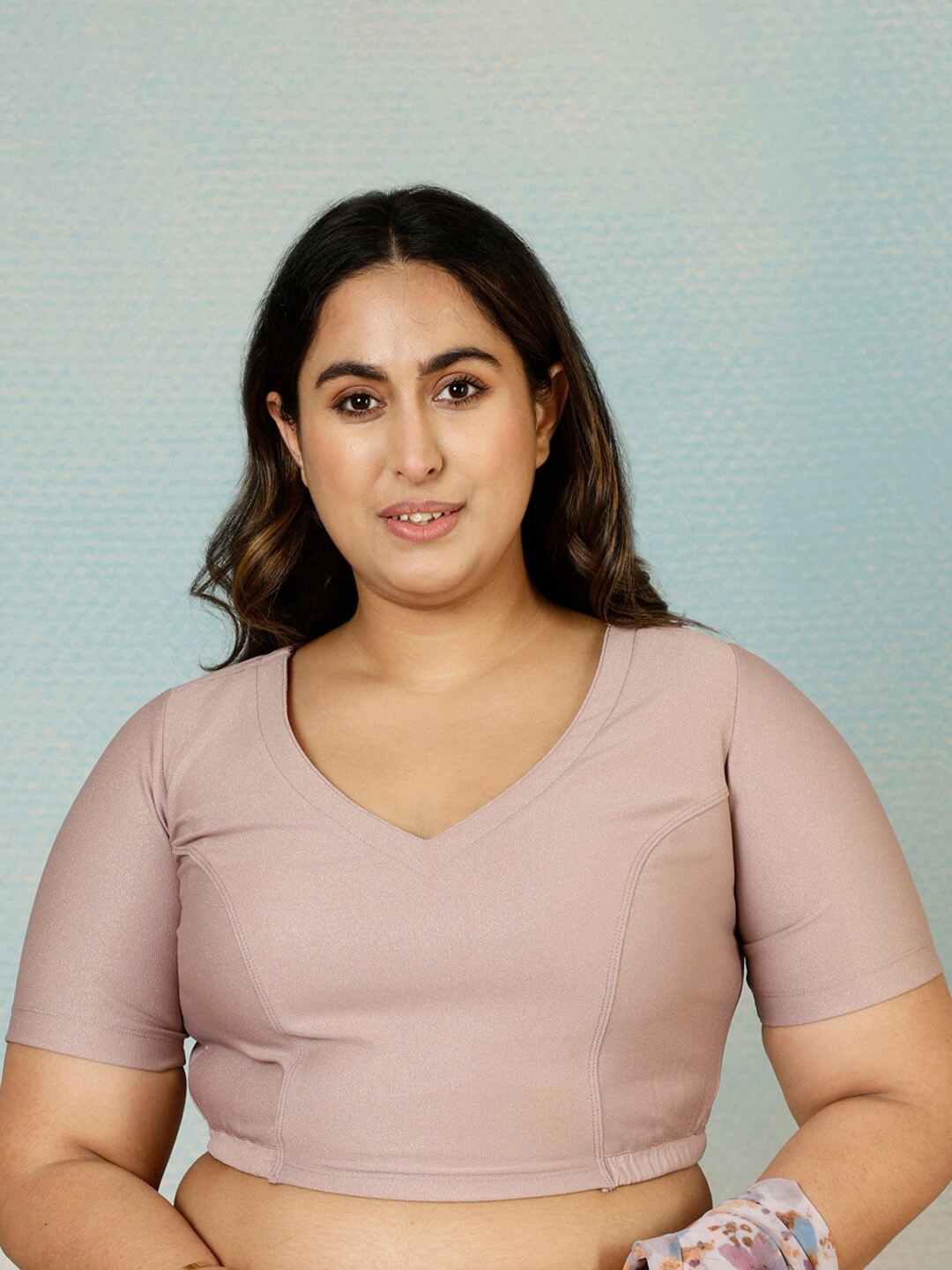 Amydus Plus Size Shimmer V-Neck Saree Blouse, Taupe