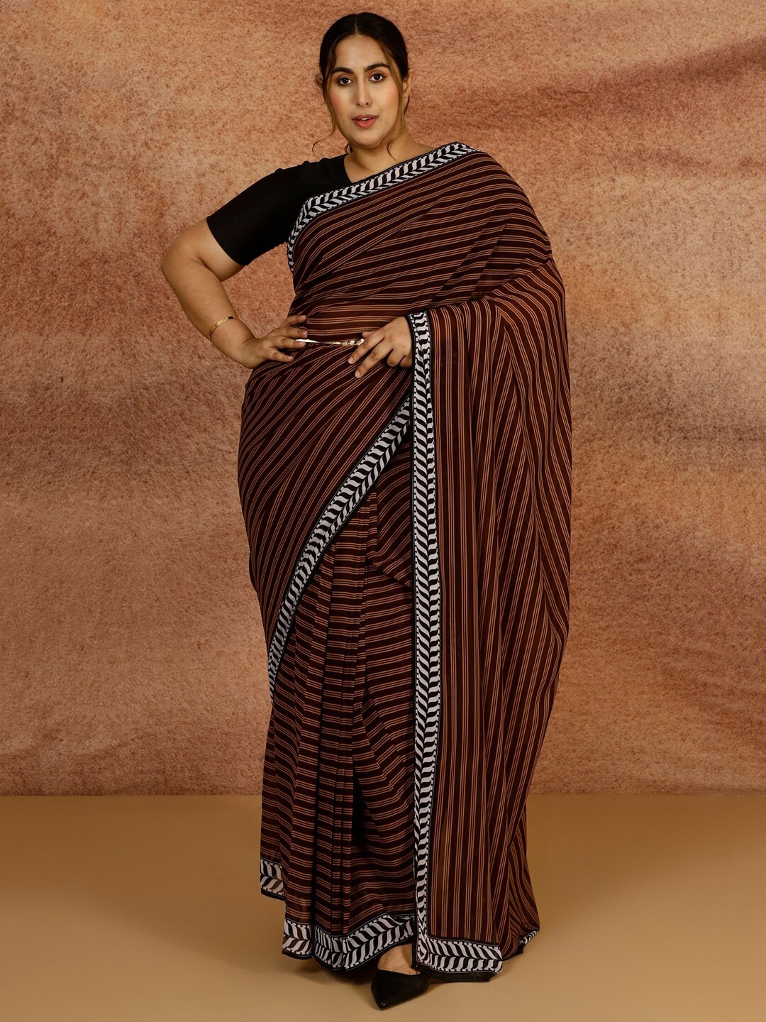 Amydus Plus Size Striped Saree, Brown