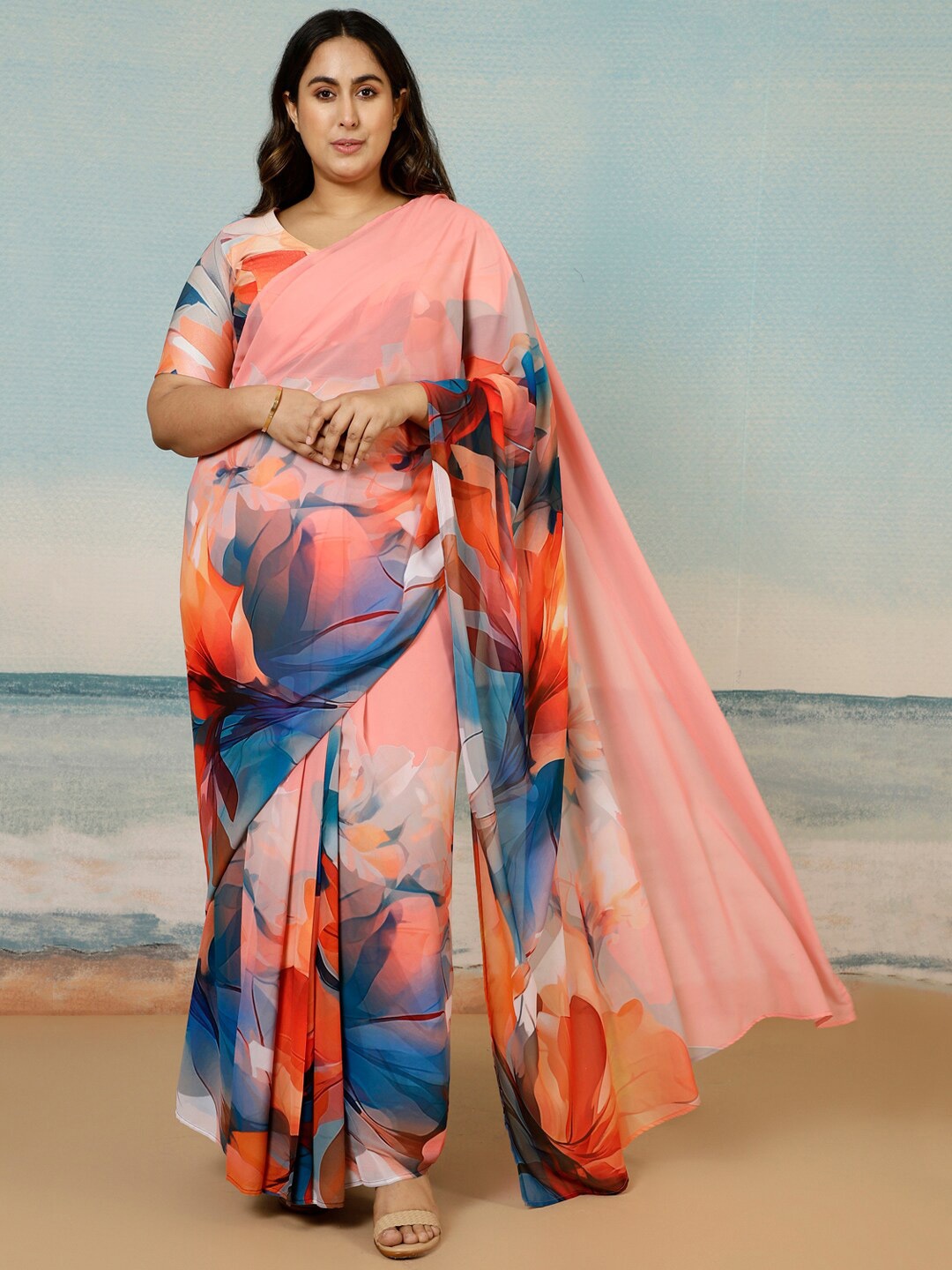 Amydus Floral Printed Ready to Wear saree, Peach