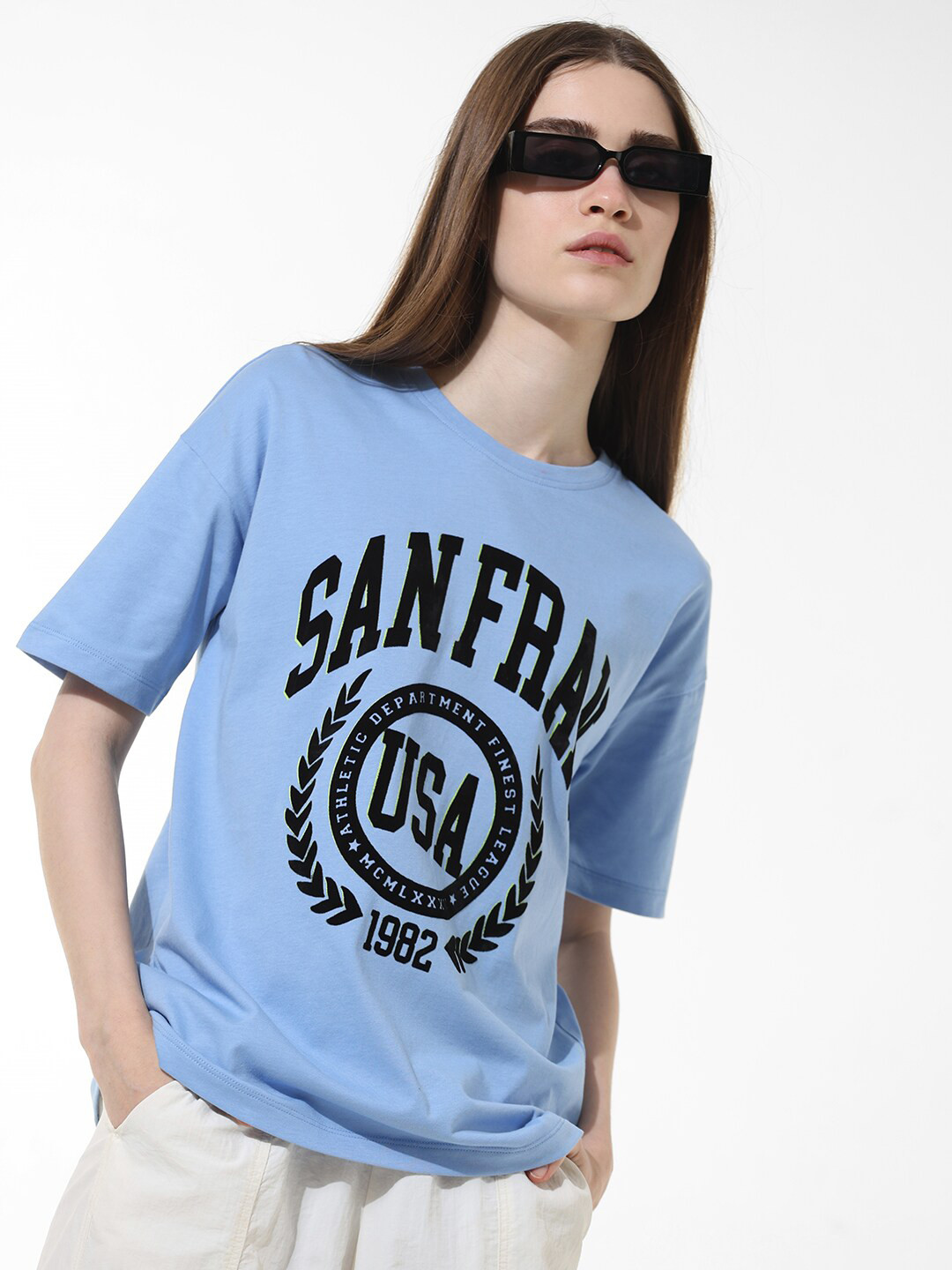 ONLY Typography Printed Cotton Round Neck Knitted T-shirt, Blue 
ONLY Typography Printed Cotton Round Neck Knitted T-shirt, Blue