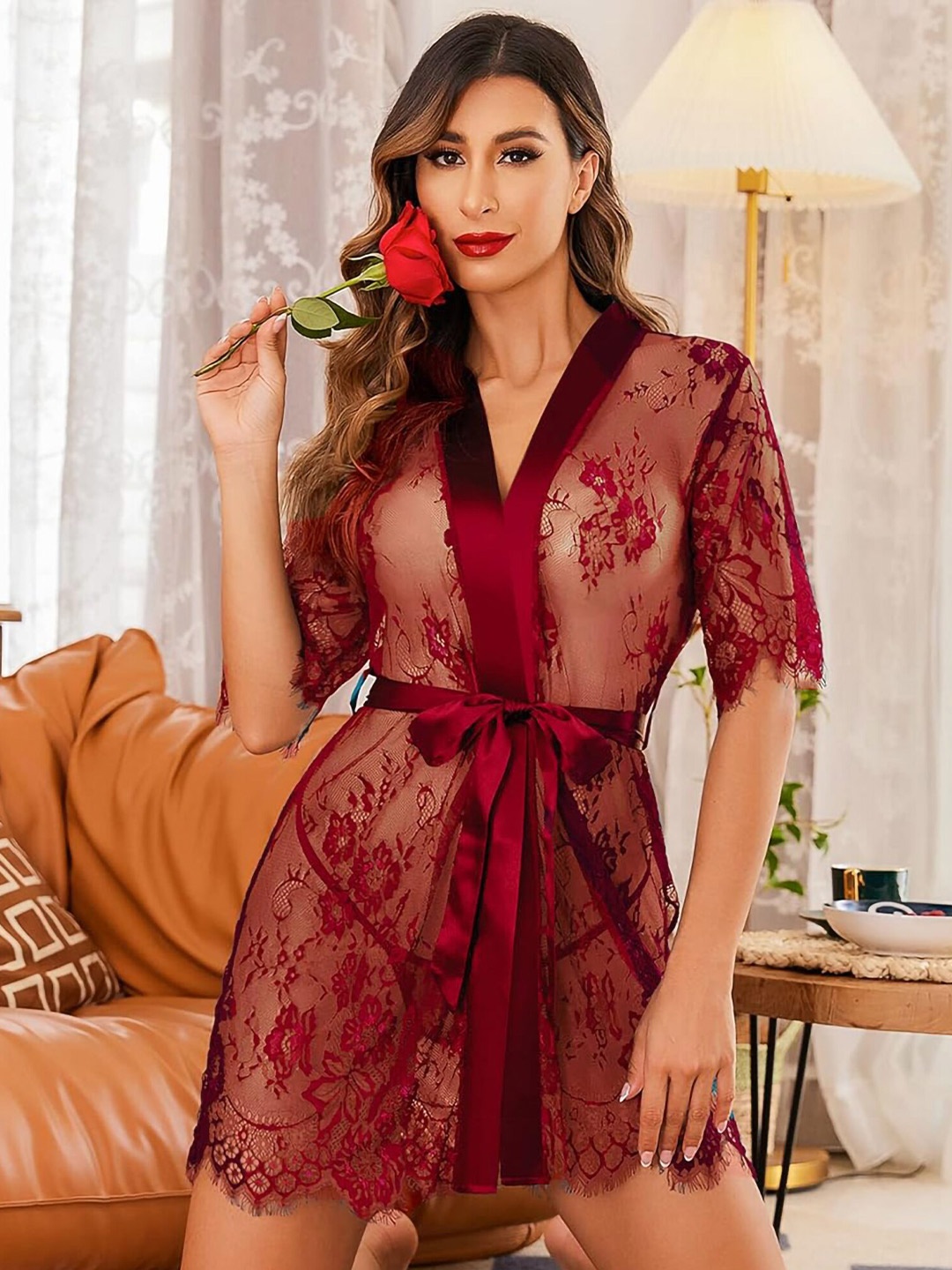 AROUSY Self Design Net Baby Doll, Maroon