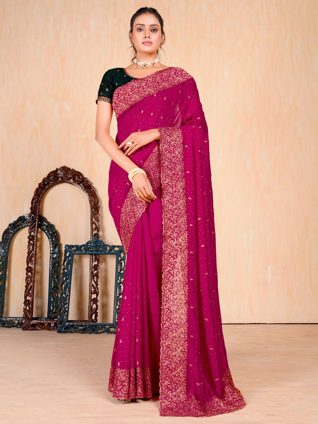 Anouk Ethnic Motifs Embellished Beads And Stones Saree, Pink 
Anouk Ethnic Motifs Embellished Beads And Stones Saree, Pink